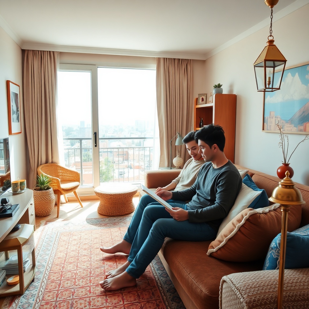 Couple vérifiant les garanties de son assurance appartement Casablanca dans un salon marocain lumineux