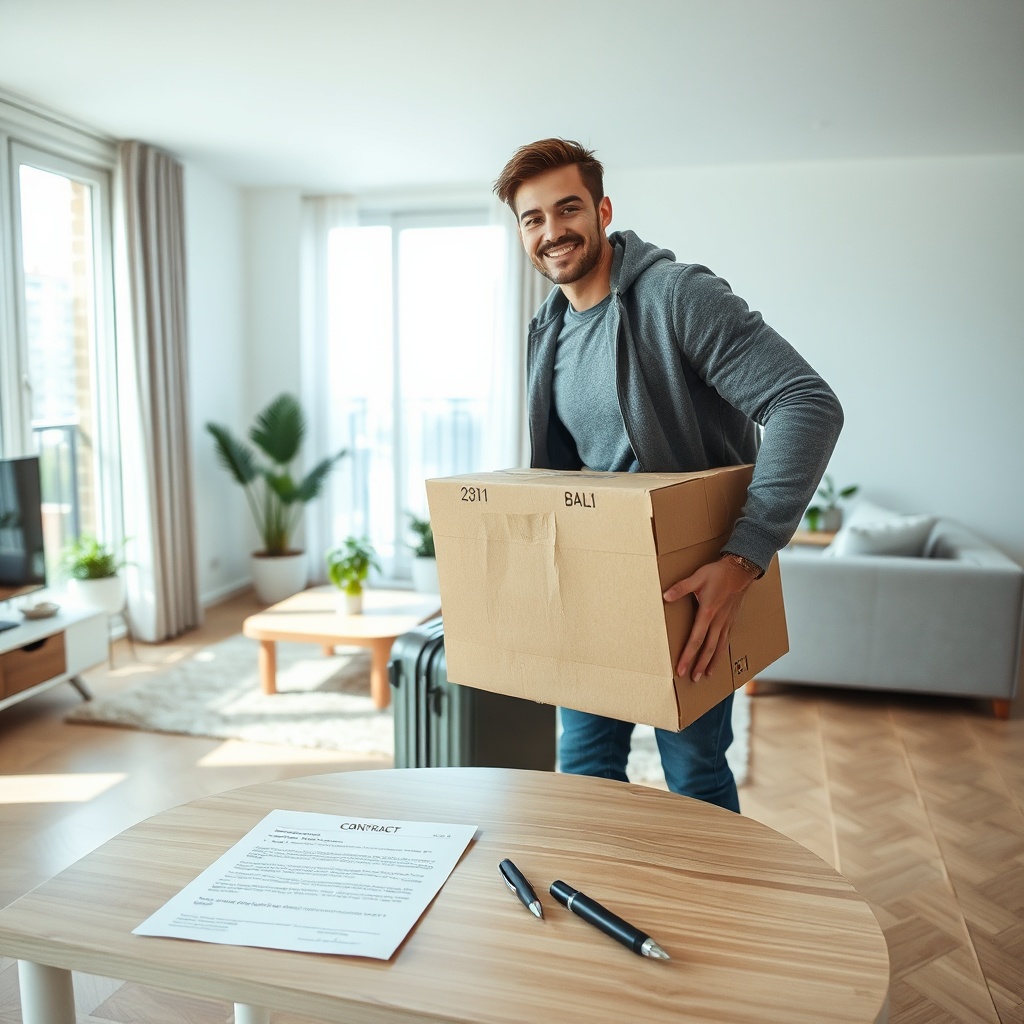 Propriétaire occupant vs locataire : un locataire emménageant dans un appartement moderne avec un carton de déménagement, une ambiance lumineuse et flexible, illustrant la liberté de louer.