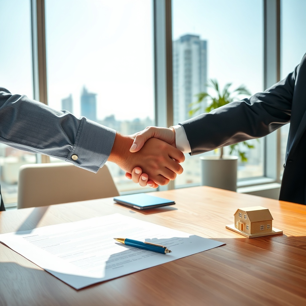 Souscription d'une assurance copropriété à Casablanca : poignée de main entre le syndic et un copropriétaire avec documents d'assurance sur la table