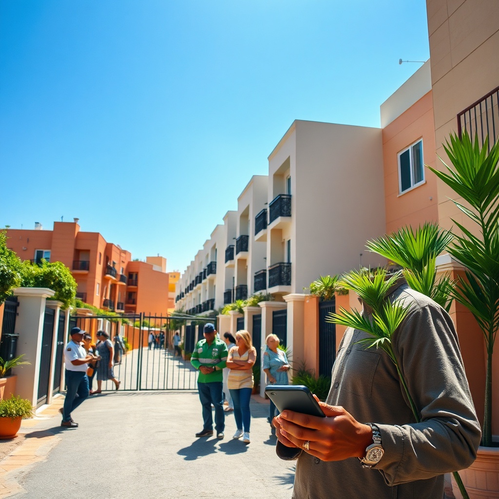 Voisins et gardien de sécurité discutant dans un quartier résidentiel de Casablanca, renforçant la vigilance collective contre le vol d'appartement Casablanca.