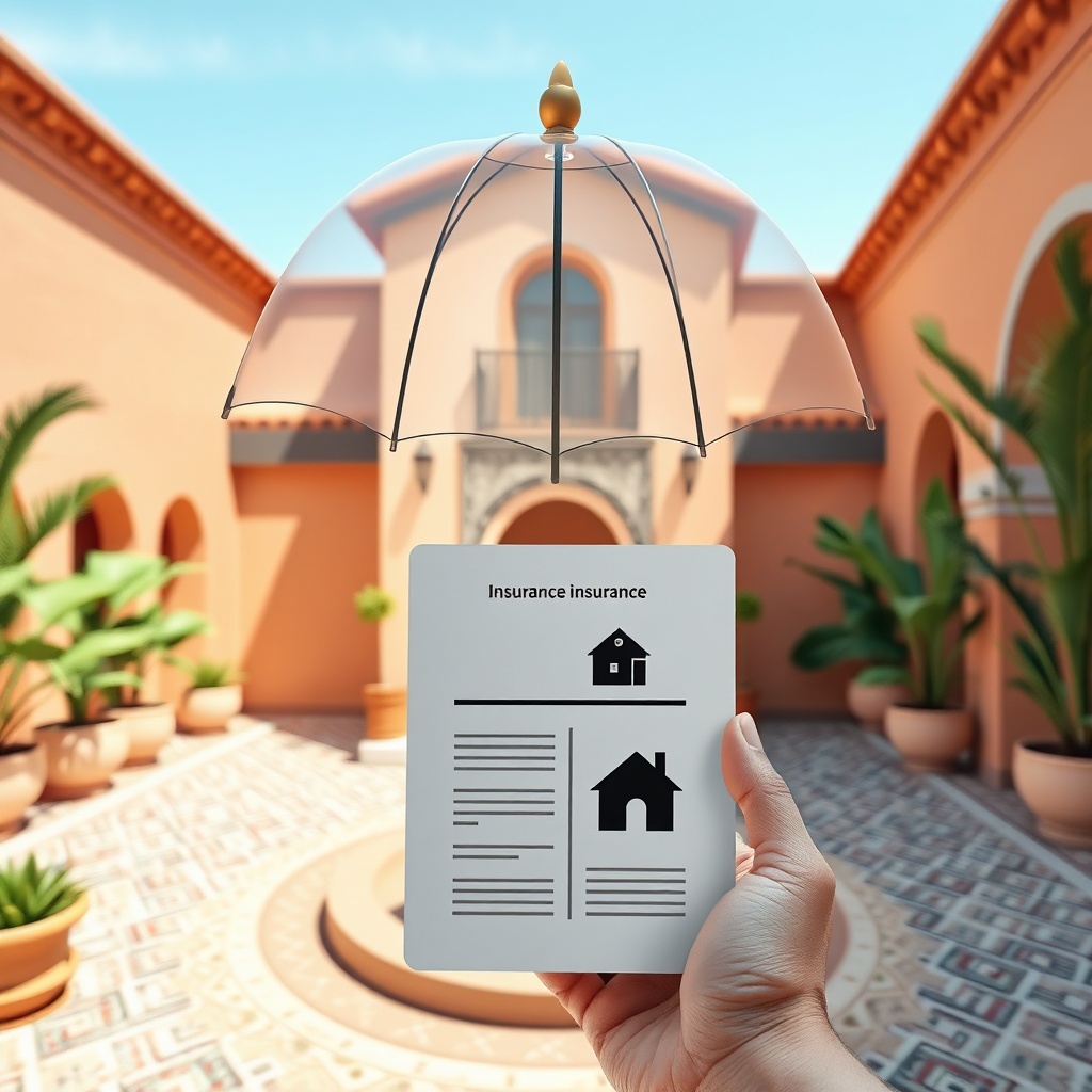 Conceptual image of assurance locataire vs propriétaire Maroc, featuring a Moroccan home under a protective shield and a policy document showing separate coverage for renters and owners.