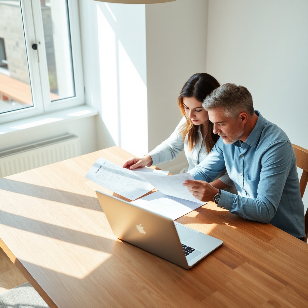 Couple comparing home insurance policies and coverage details on documents and a laptop, illustrating the careful selection process for assurance habitation protection.